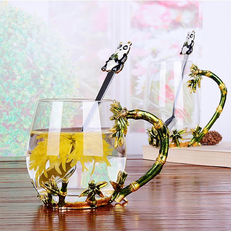

Color enamel glass coffee mugs with panda spoon flower milk cup bamboo handgrip Europe heat resistant drinkware1, 330cc