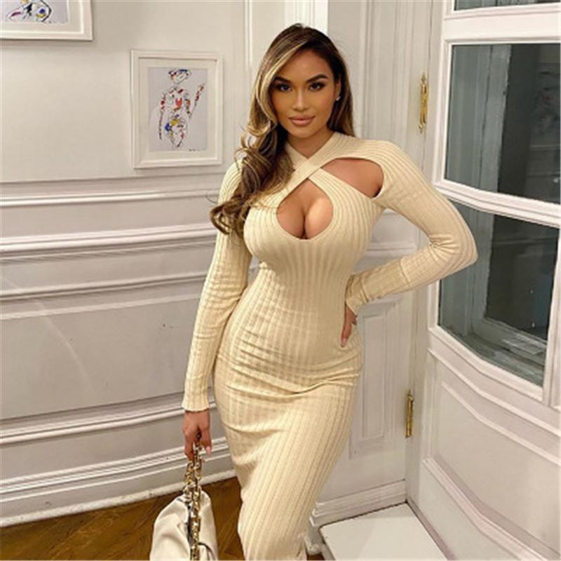 

Womens Skinny Hollow Out Dress Fashion Trend Long Sleeve Pitted Sexy Knitting Long Skirt Designer Female Spring New Solid Color Slim Dress, Black