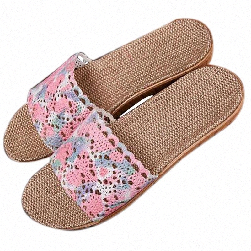 

Women's Linen Slipper Pink Lace Openwork Flat Sandals Indoor Mute Health Flax Slippers Beach Flip Flops Women Slides Home Shoes #Oz53, Beige