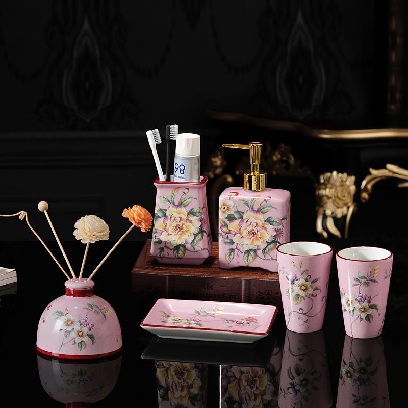 

Pink American Bathroom Set Ceramic Flower Lotion Dispenser Toothbrush Holder Soap Dish Cup Perfume Bottle Bathroom Supplies