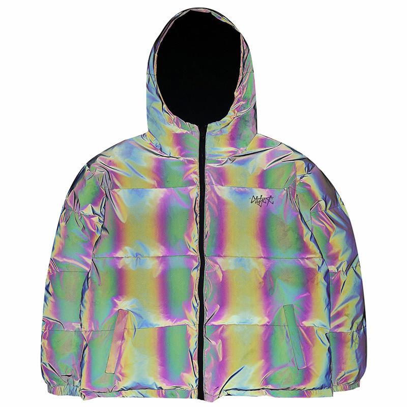 

Men Hip Hop Reflective Reversible Jackets Streetwear Harajuku Industrial Padded Jacket Winter Warm Fashion Outwear Cotton Coats, Black