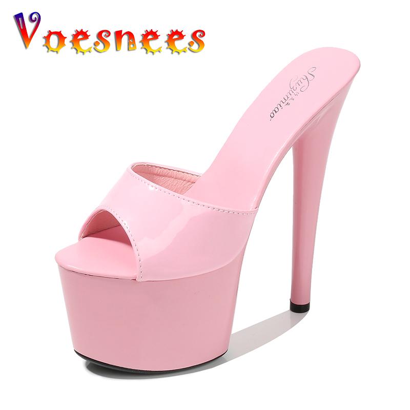 

Voesnees Slippers Summer High Heels 15 17 20 CM Solid Color slides women Sexy Highs Platform Thin Heels Female Party Club Women, As picture shown