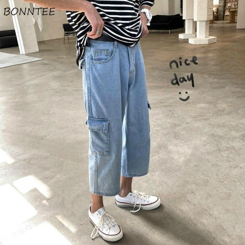 

Men Jeans Korean-style Summer Chic Washed Cargo Denim Trousers Straight Wide-leg Leisure Calf-length Fashion Mens All-match New, 1129-blue