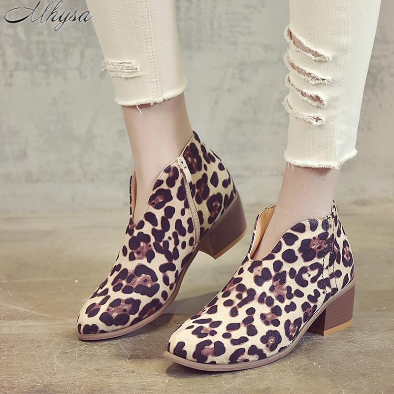

2020 New Women's Leopard Print Large Size 43 Thick Heel Boots Female Side Zipper Mid Heel Pointed Boots Bare D1293, Red