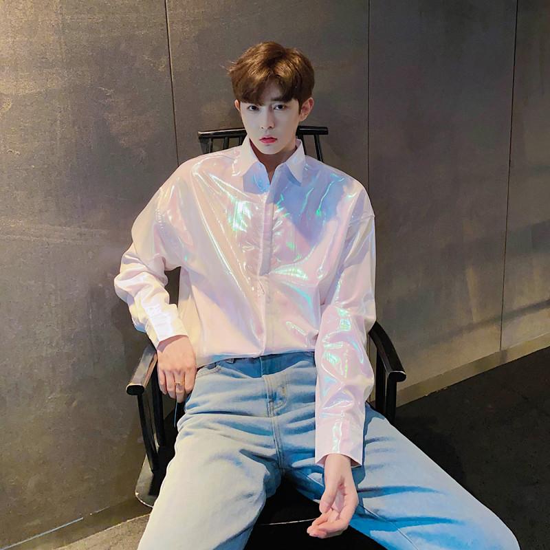 

Men Dazzling Double Layer Organza Sunscreen Long Sleeve Casual Shirt Male Nightclub Stage Show Loose Shirts, C88