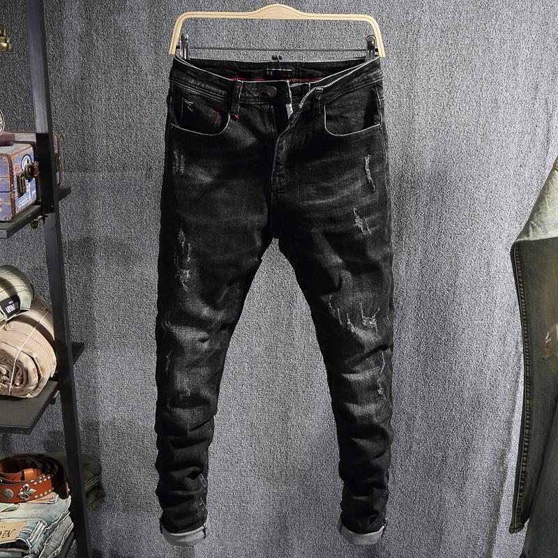 

2021 New Fashion Streetwear Black Color Elastic Ripped Men Slim Fit Denim Pencil Pants Korean Style Hip Hop Jeans Homme Nak7
