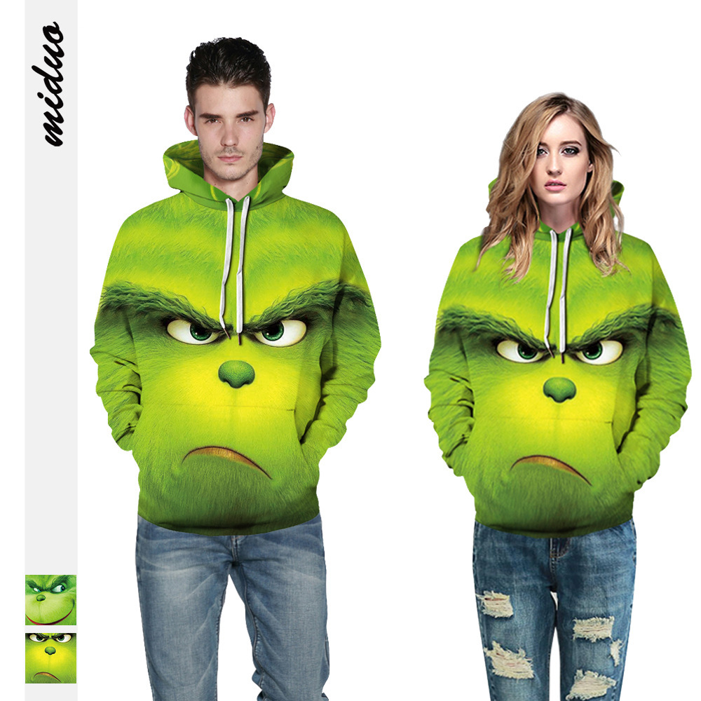 

2020 Oakdale with Christmas hat, green Shrek 3D digital printing, animated sweatshirt, men's clothing, baseball sweatshirt, Beige