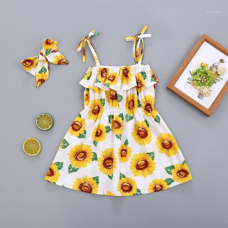 

Sunflowers Print Baby Girl Dress Toddler Kids Strap Princess Dress Clothes+headbands Sukienki Dla Dziewczynek Dresses For Girls1, Yellow