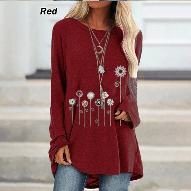 

2021 New Floral Autumn Printing Releases Tshirts Women Long Sleeve t Size S-5xl Shirts Women's Clothes Tops H8J7, Black