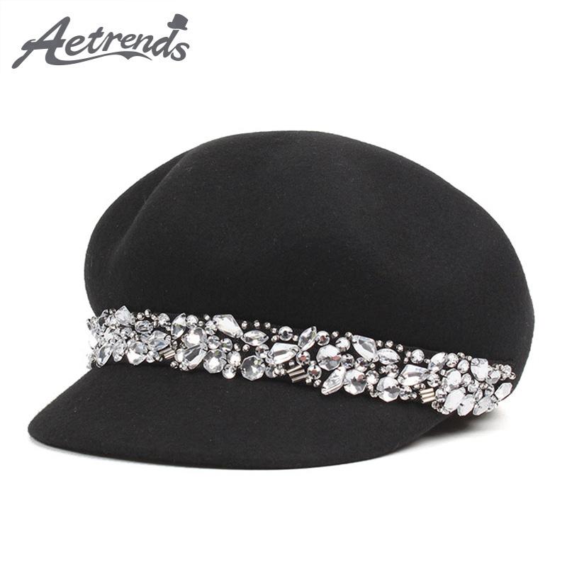 

AETRENDS] Rhinestone Wool Hats Women's Beret British Style Fashion Warm Woolen Berets Winter Hat Z-6846, Black