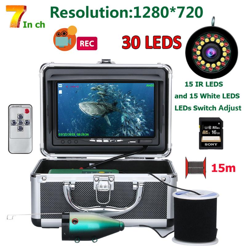 

7inch15m/30m Fishing Camera 16GB Recoding DVR Fish Finder Underwater Camera HD1280*720 Screen15pcs White LED+15pcs Infrared Lamp