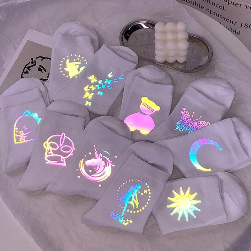 

Night Reflect Light Men&Women Sock Funny Black White Harajuku Moon Butterfly Dino Hip-hop Sock for Lover Skateboard 2020 New, Random color