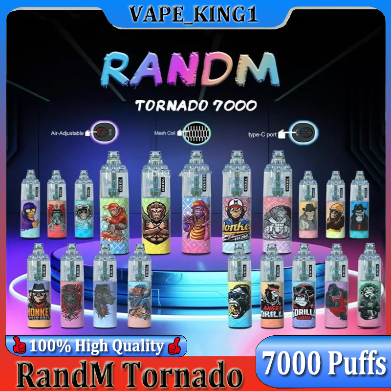 

Authentic RandM Tornado 7000 Puffs Disposable E cigarettes Pod Device Powerful Battery 14ml Prefilled Cartridge Mesh Coil RGB light Glowing Vape Pen Kit
