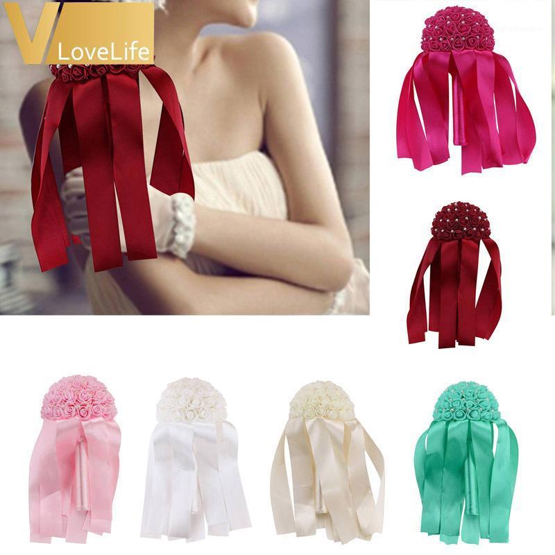 

Wedding Bouquet Bridal Bridesmaid Artificial Rose Flower Ribbon Pearl Posy Handmade Bouquet Satin Rose Flower Wedding Supply C1, White