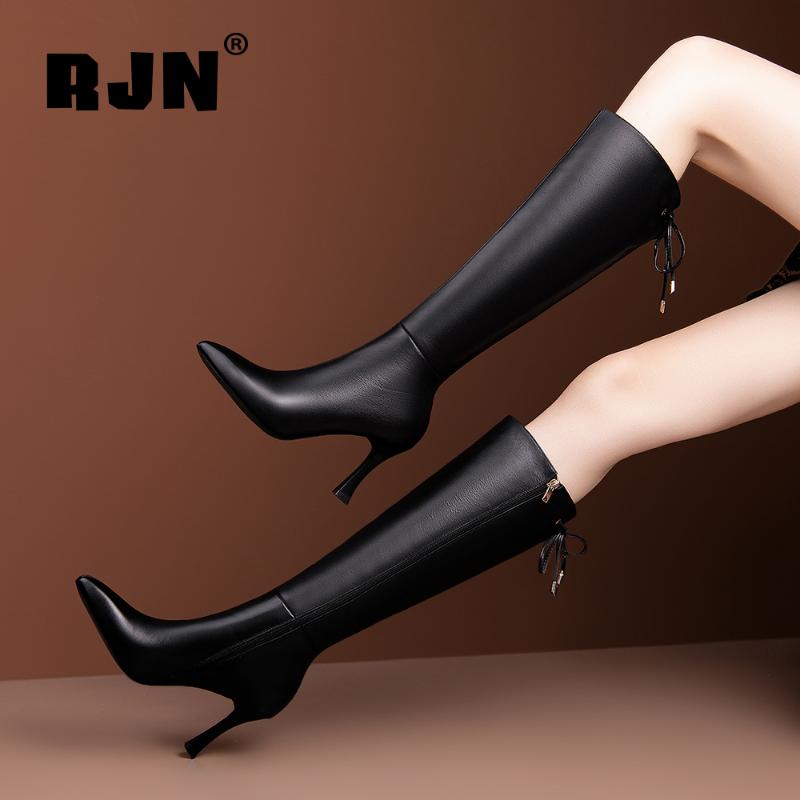 

RJN Winter Warm Knee-high Boots Woman Conciese Mature Black Genuine Leather Pointed Toe High Thin Heel Long Zipper Boots RO432