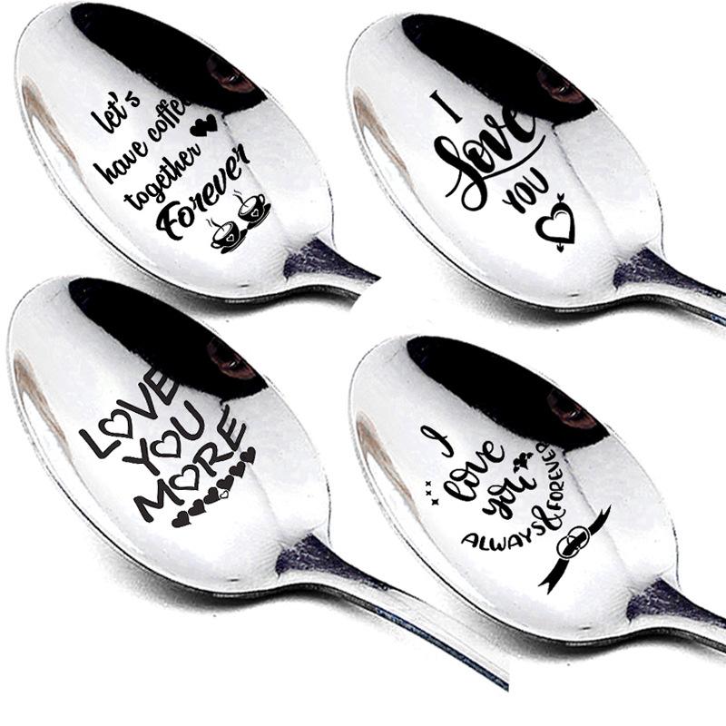 

Stainless Steel Ice Cream Dessert Spoon I Love you series Small Love Gift Drinking Honey Spoon Coffee Party Wedding Flatware