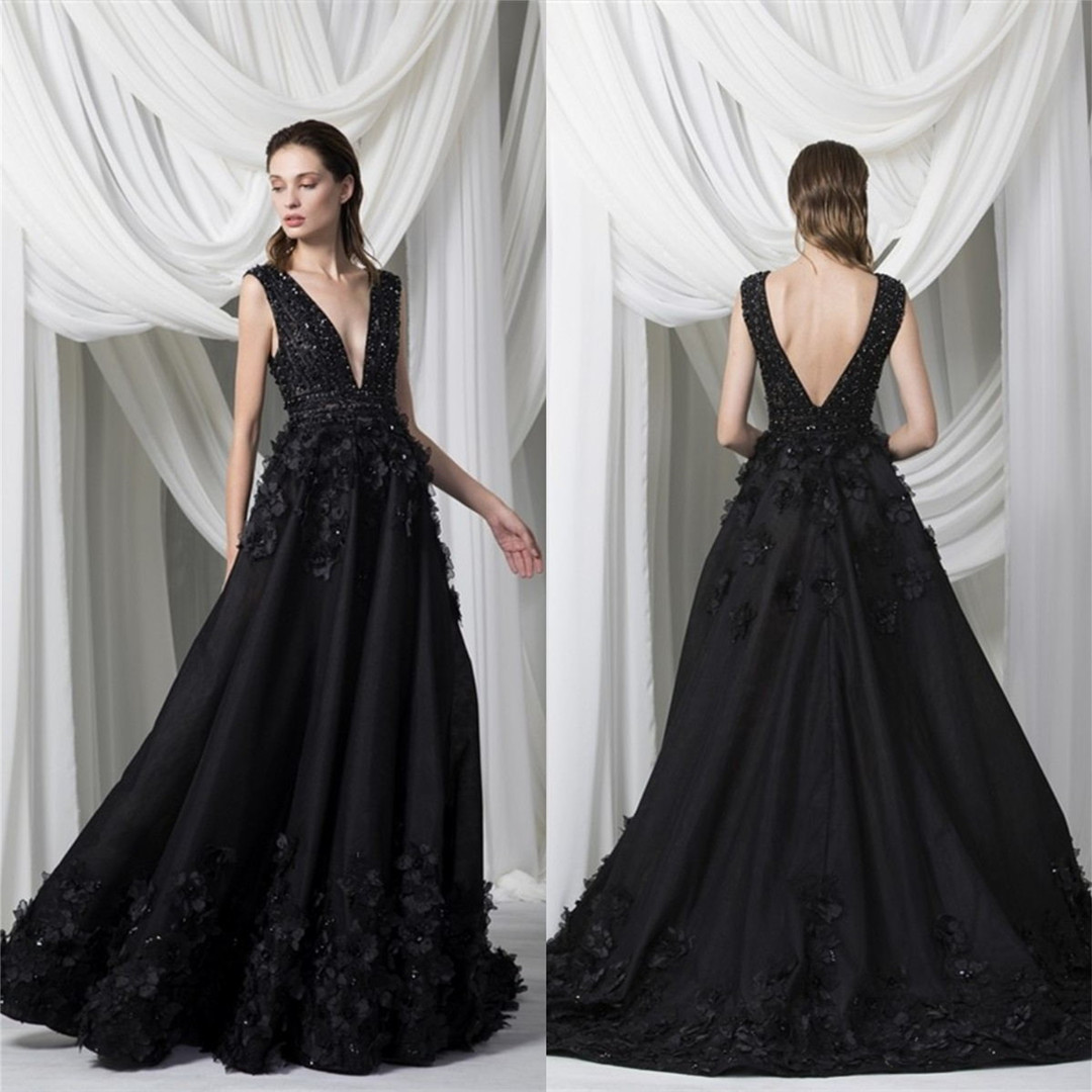 

Black Evening Dresses Deep V Neck Beads Sequins Appliques Prom Gowns Custom Made Backless Sweep Train A Line Special Occasion Dress, Blue