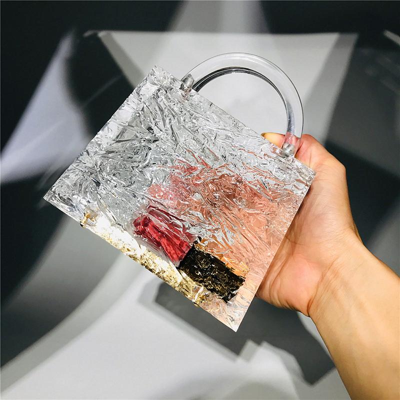 

2021 Autumn New Bag Fashion Transparent Crystal Bag High Quality Acrylic Woman Dinner Bucket Shape, No chain