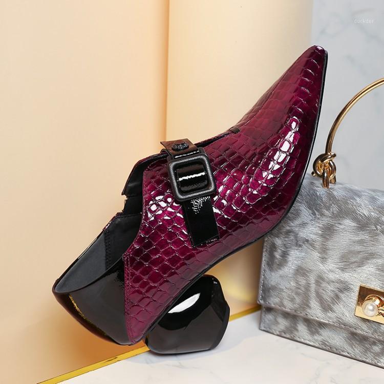 

GPOKHDS 2021 women Pumps Patent leather autumn spring Rome style buckle strap wine red color pointed toe high heels shoes 34-421, Black