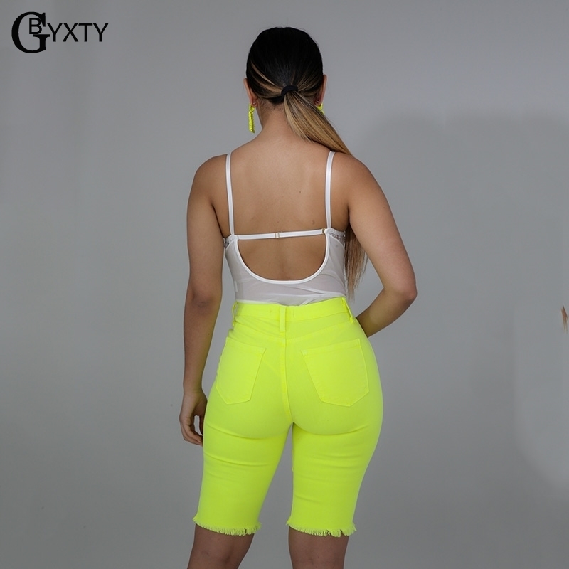 

GBYXTY Fashion Neon Color Shirts Summer Women High Waist Denim Ripped Holes Skinny Stretch Shorts Jeans femme ZL241 Y200822, White