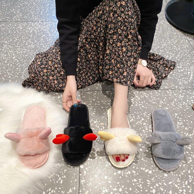 

COOTELILI Woman Slippers Winter Shoes For Women Home Slippers Faux Fur 4 Colors 2cm Heel Womens Shoes 36-41, Beige