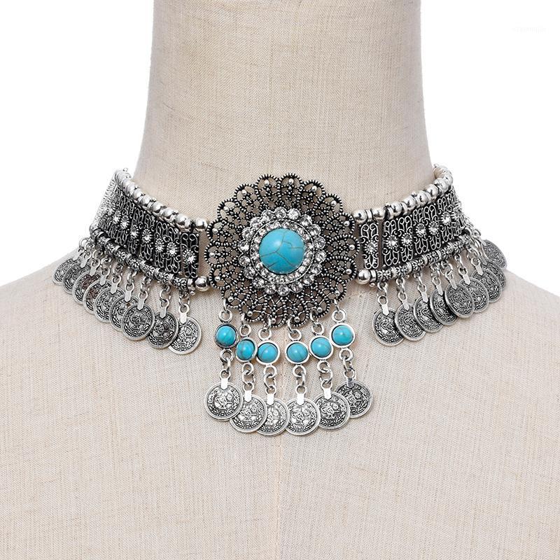 

Chokers Statement Vintage Choker Necklace Women Collares Flower Crystal Rhinestone Blue Beaded Coin Tassel Ethnic Gypsy Jewelry