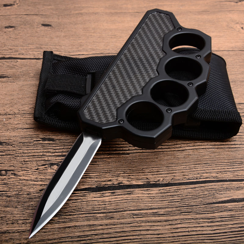 

Special Offer Black Knuckle Duster Auto Tactical knife D2 Double Edge Black Blade Steel + Carbon Fiber Handle Outdoor EDC Rescue knives