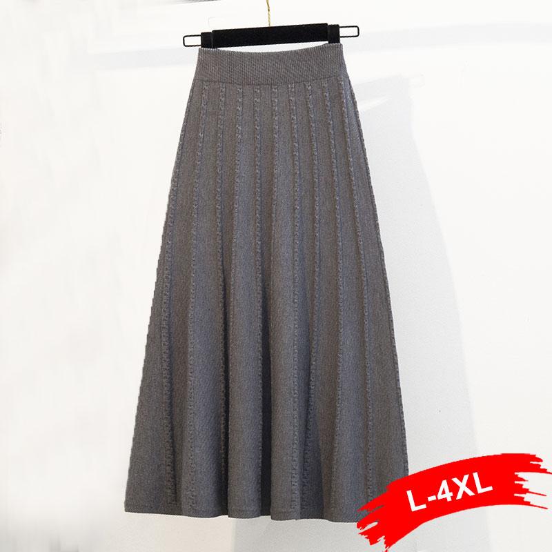 

Plus Size Warm Knitted Pleated Skirts 4XL Autumn Winter High Elastic Waist Knitted Sweater Skirts Long A Line Midi Skirt, Black