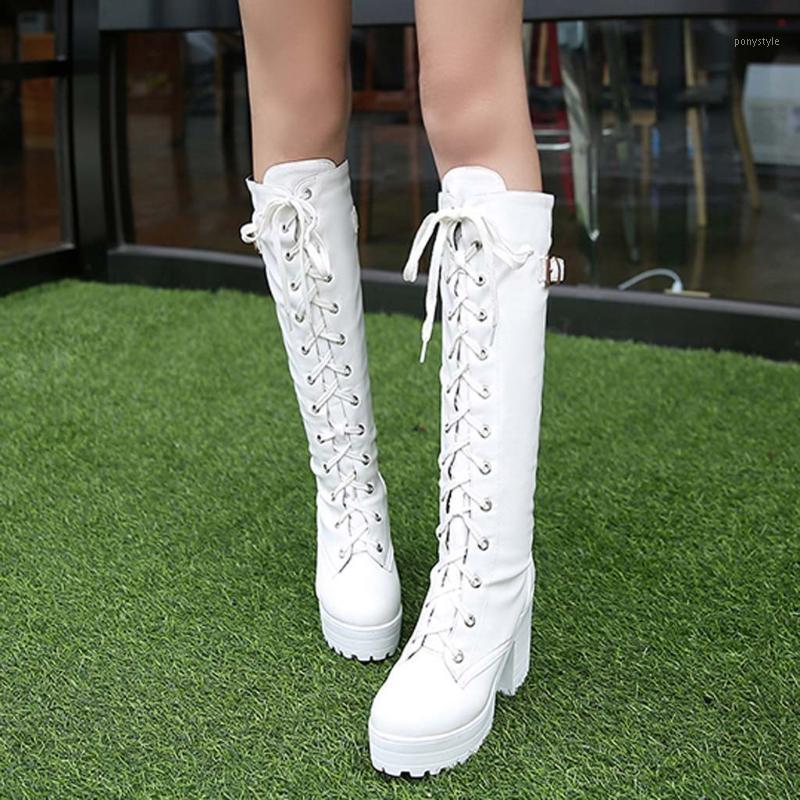 

Sexy Spring Autumn Lacing Knee High Boots Women Black White Square Heel Thick Platform Leather Shoes Winter Large Size 34-43#g41