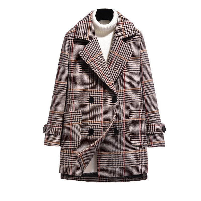 

2021 Fashion Autumn Retro Chess Female Korean Jacket Double Breasted Wool Coat Plus Size Outerwear R479 Zc66, Beige