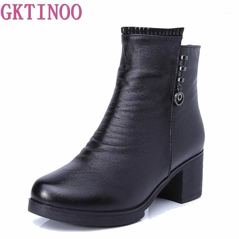 

GKTINOO Women Boots Thick Heel Platform Shoes Autumn Winter Wool Boots For Women Genuine Leather Ankle Size 33-421, Black with fur
