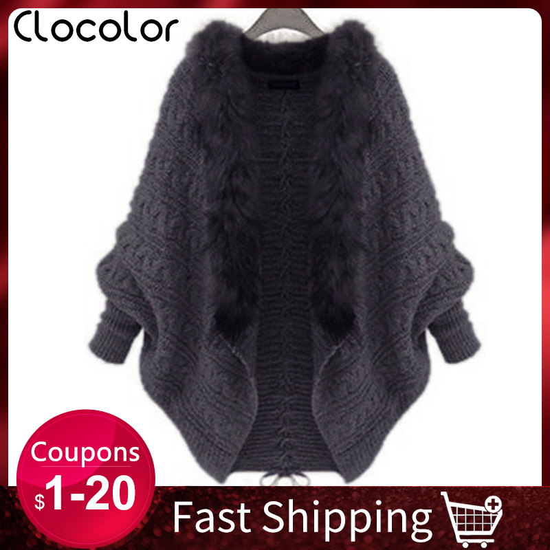 

2021 Elegant Women Knitted Jacket Winter Sweater Cardigan Fur Collar Warmness Tops Beige Batwing Sleeve and Fashion Outwear Covers 97u7, Dark grey