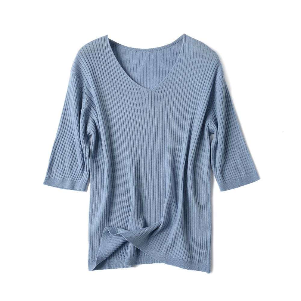 

2021 New Summer Women t Shirt Fashion Knitted Short Sleeves Tees Top V-neck Rib Female Casual T-shirt 7qnh, Blue