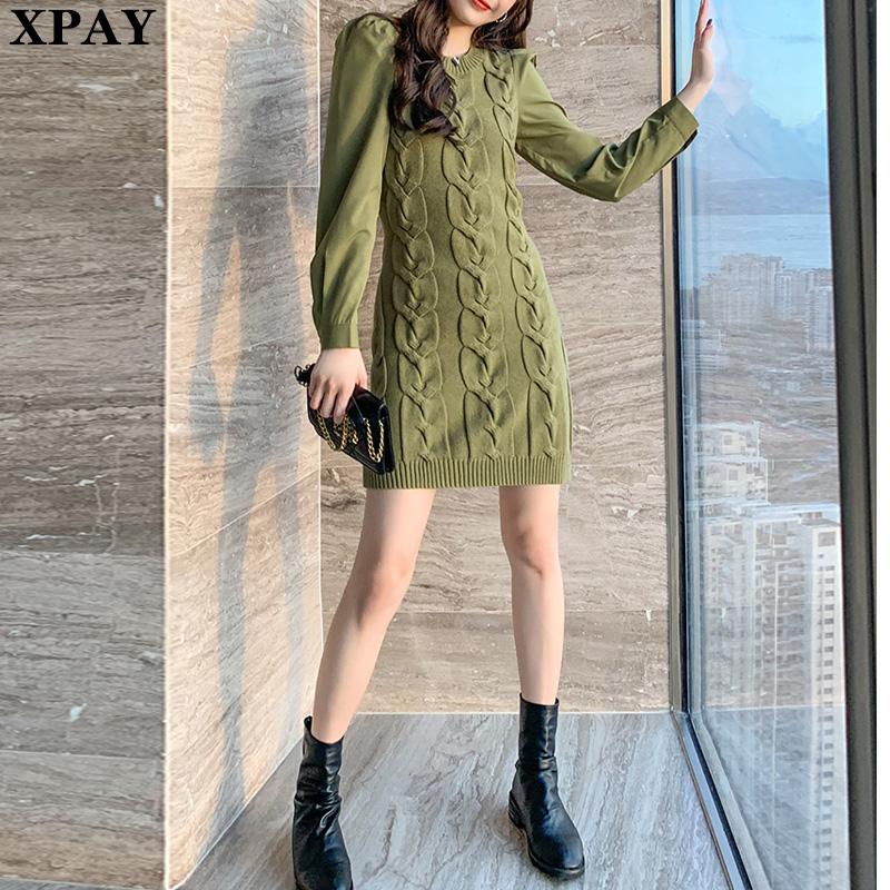 

2020 Autumn Korean Office Woman Slim Dresses One-Piece Women Sweater Knit Dress Female Twist Pattern Bodycon Mini Sweater Dress, Army green