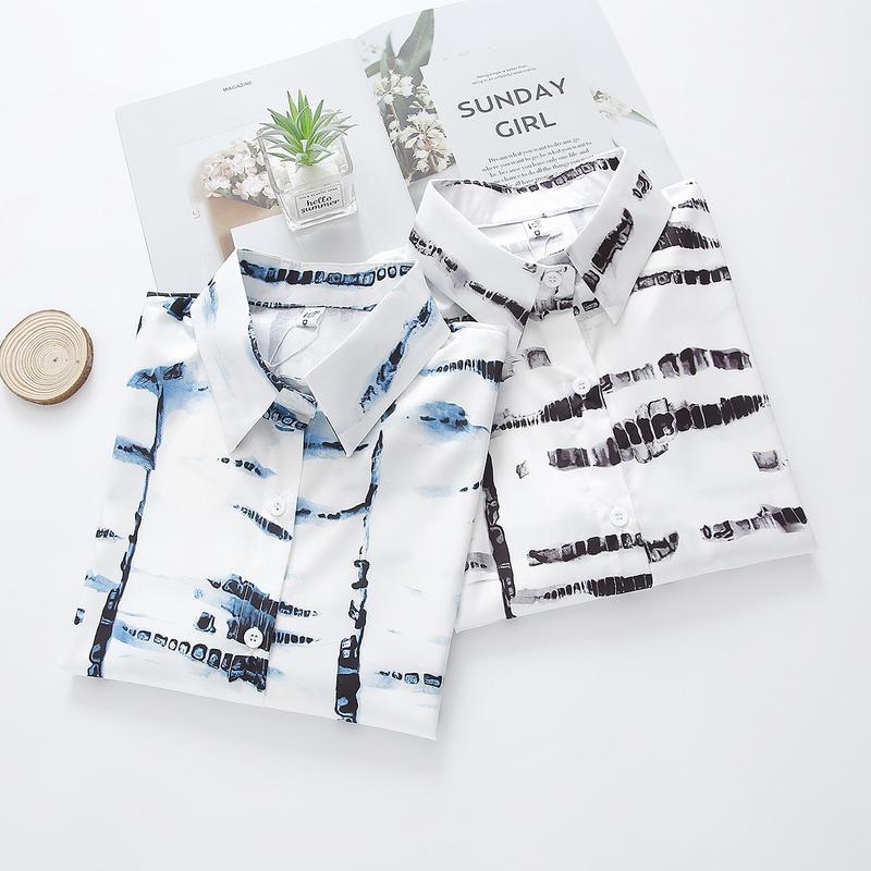 

2020 Spring and Autumn New Women's Long-sleeved Style Tie-dye Printed Blouse Loose Shirt Women Button Up Shirt Blouse Women, Black