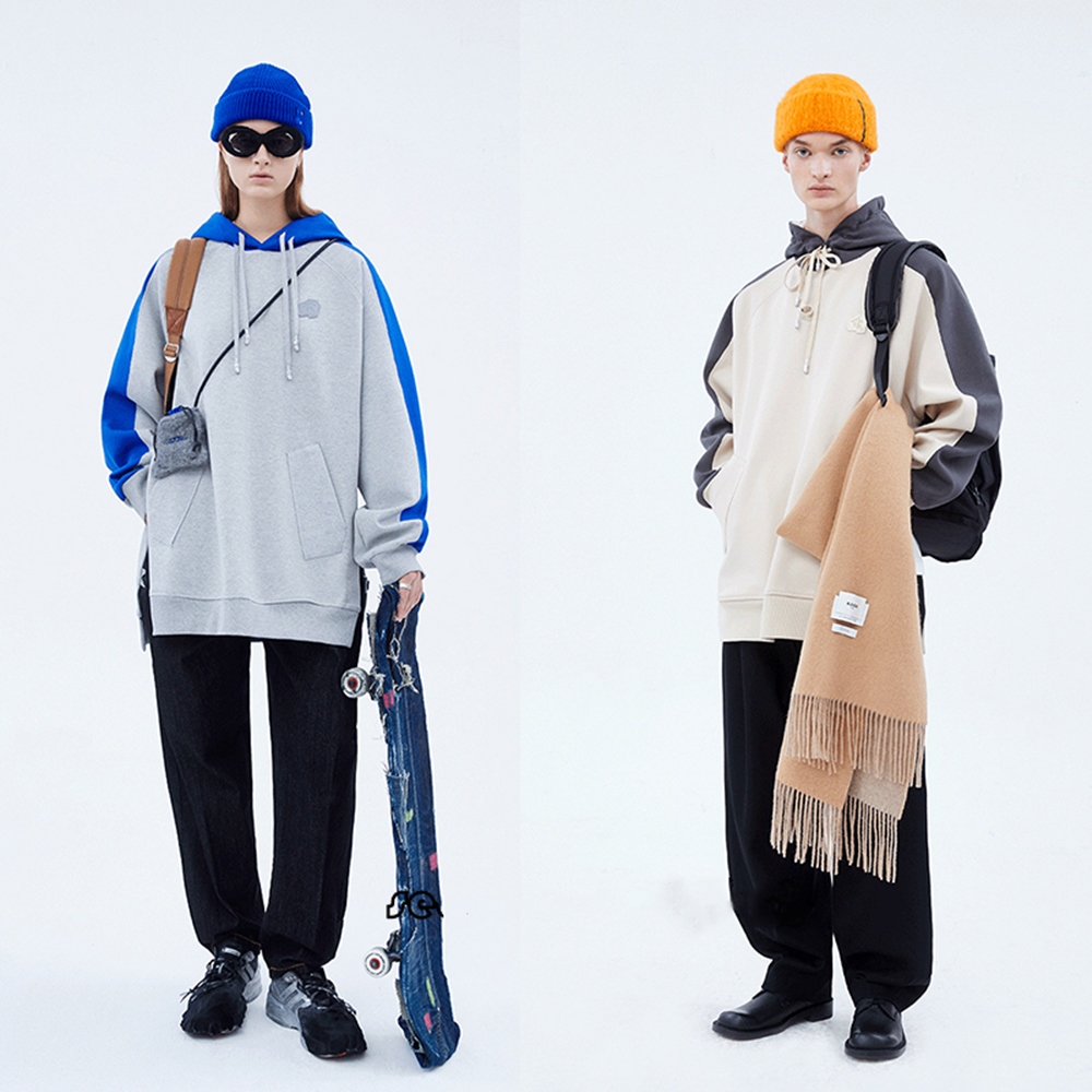 

Authentic Korean Street Fashion ADER ERROR 21FW Men Women's Hoodies Sweatshirts Color Matching Letter Leather Small Standard Side Slit Double Strap Hooded Sweater, Ivory