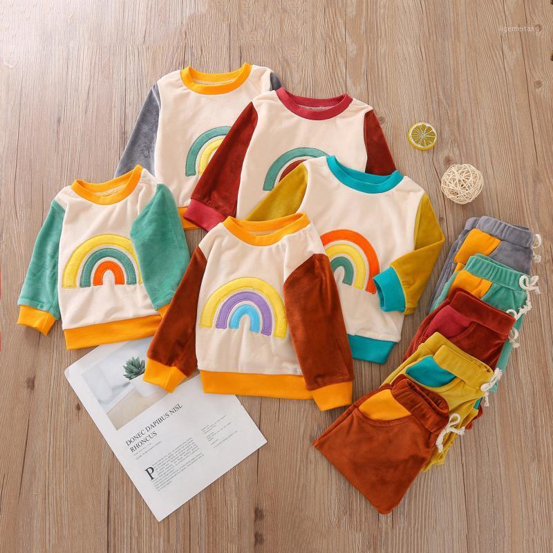 

baby boy and girl clothes creative rainbow embroidery long-sleeved round neck blouse lace-up pants suit sleepwesr for Newborn1, Coffee