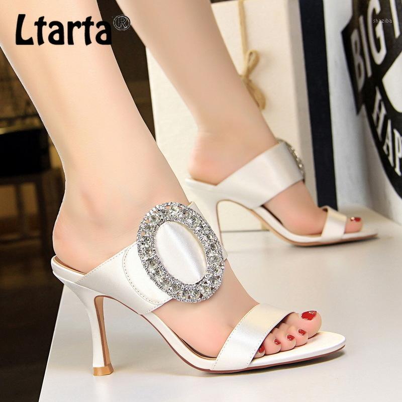 

LTARTA Fashion Sexy Banquet high-heeled Metal Large Diamond Buckle Satin Word Female Sandals And Slippers DS-566-11, Black