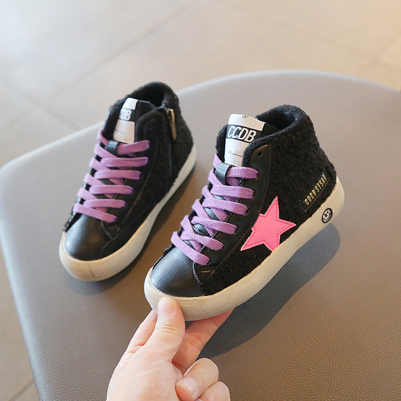 

Girls high-top genuine leather sneakers fall 2020 new boys' fall/winter sneakers children's plus velvet shoes LJ201203, Black