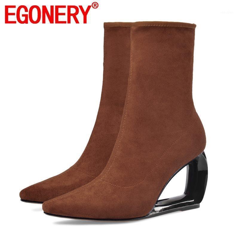 

EGONERY Women Shoes Sock Boots 2020 Winter New Come Pointed Toe Hollow Wedges High Heel Booties Ladies Fashion Party Ankle Boots1, Black