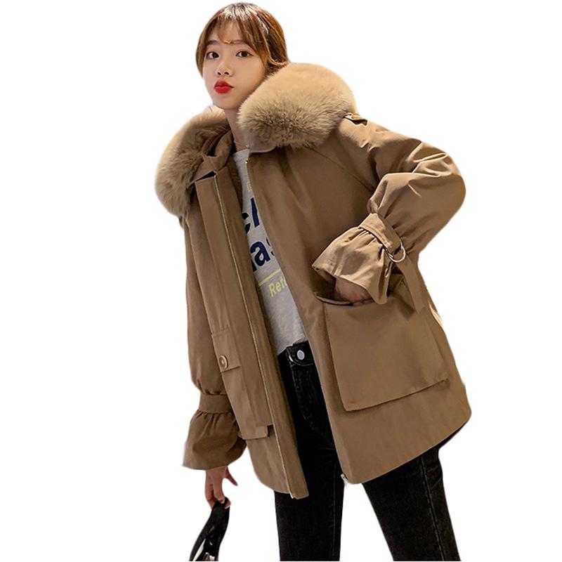 

Parker Women's long plus velvet thick Warm Down cotton Jacket Winter Jackets Coat New Korean loose Hooded Khaki Cotton Jackets, Pea green color
