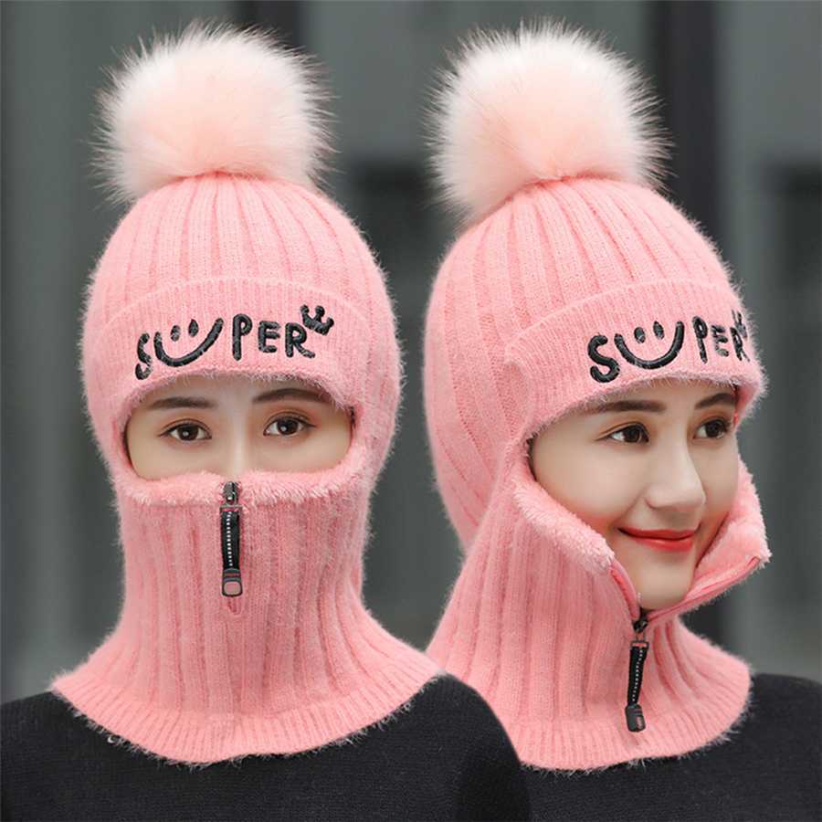

2020 Women Winter Beanie Set Knitted Wool Hat Mask Lady Warm Velvet Thick Cycling Beanies Skullies Female Collar Jumper Cap, Black