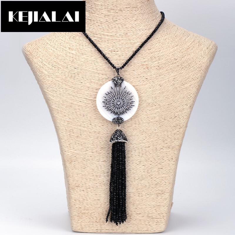 

KEJIALAI Pearl Shell Round Shape Pendant Necklace Crystal Glass Beads Long Tassel Necklace Boho Jewelry for Women Accessories