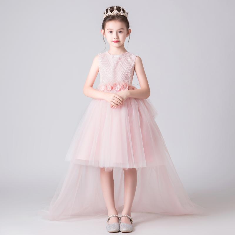 

Pink Flower Girl Dress Wedding Long Tail Sequins Applique Tulle Girls Formal Junior Bridesmaid Dresses Princess Pageant Gowns