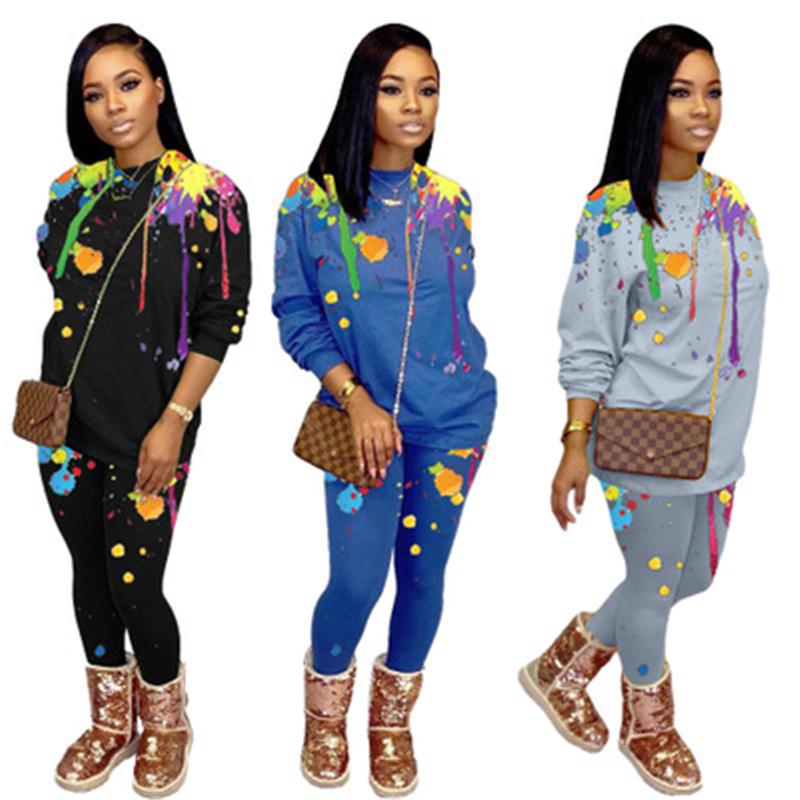 

Women Splash ink Tracksuits Fashion Trend Long Sleeve Round Neck Tops Trousers Loose Suits Designer Female Autumn New Casual 2Pcs Sets, Black