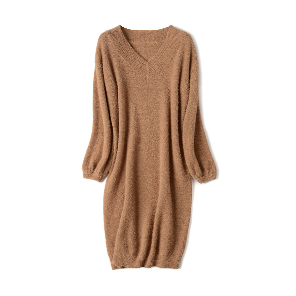 

2021 New Autumn Winter V-neck Short Lantern Sleeve Thick Sweater Fur Women Loose Mini Female Chic Straight Dress Es43, Black