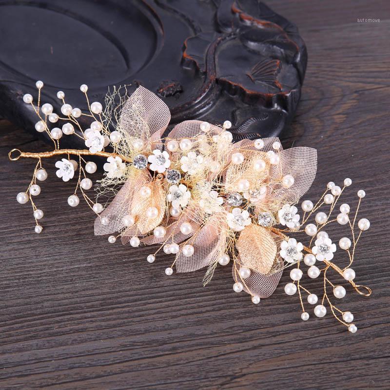 

Romantic Korean Silk Yarn Flower Gold Color Leaf Rhinestone Bride Headdress Beauty Bridal Wedding Headpiece Hair Accessories JL1