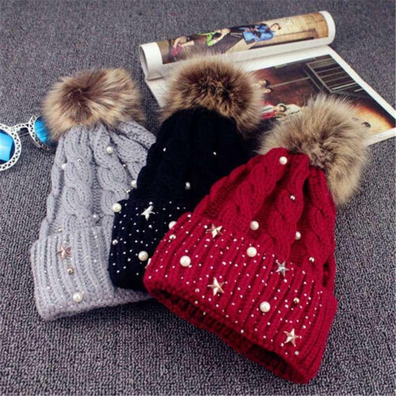 

Bobble Knit Hat Winter Ski Cap Warm Fur Pom Ball Womens Crochet Beanie Ladies, White
