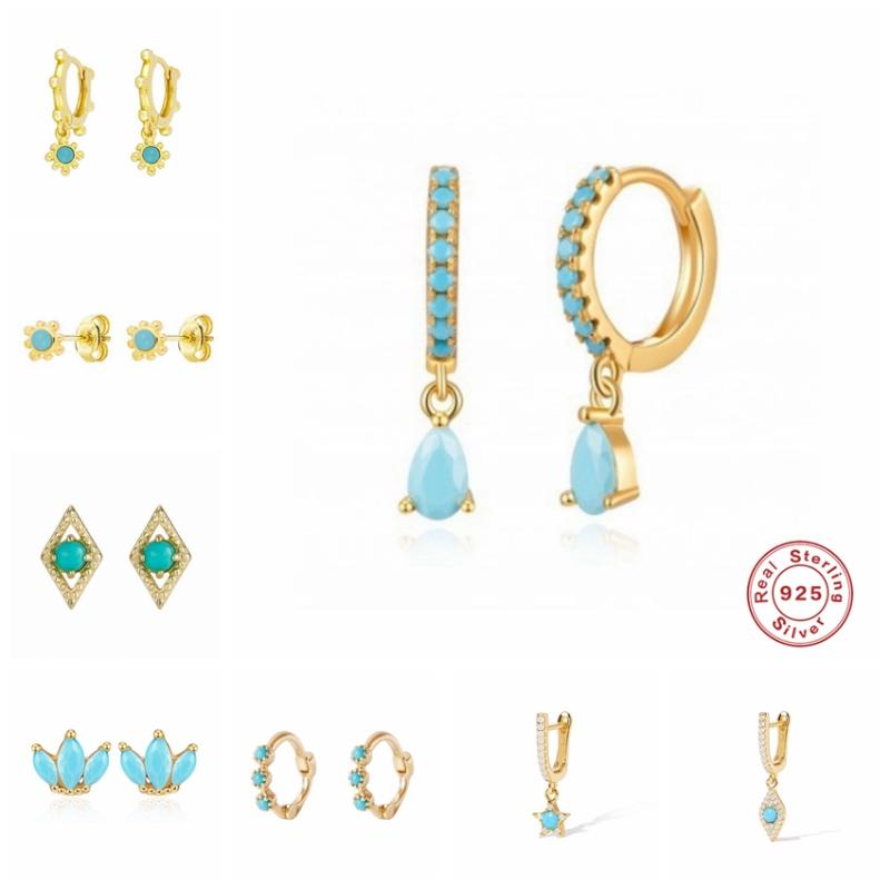 

925 Sterling Silver Korean Bling Turquoise Small Stud Earring For Women Girls Ladies Minimalist Aretes Bohemia Earrings Jewerly
