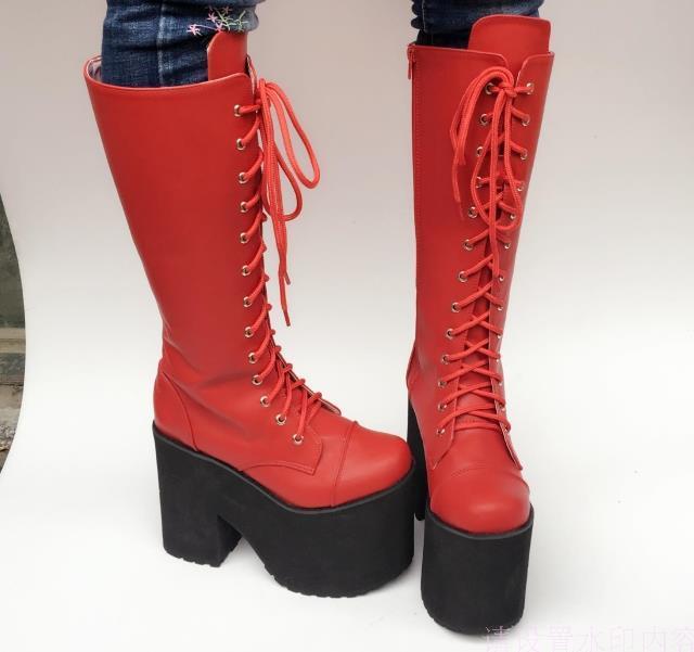 

Winter Gothic Women Black Platform Steam Punk Boots Lace Up High Wedges Knee Combat Side Zip, Red leopard